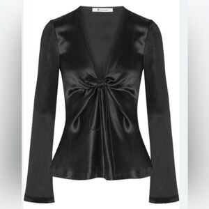 T by Alexander Wang Satin Long-Sleeve Drawstring V-Neck Top - Black Sz 2